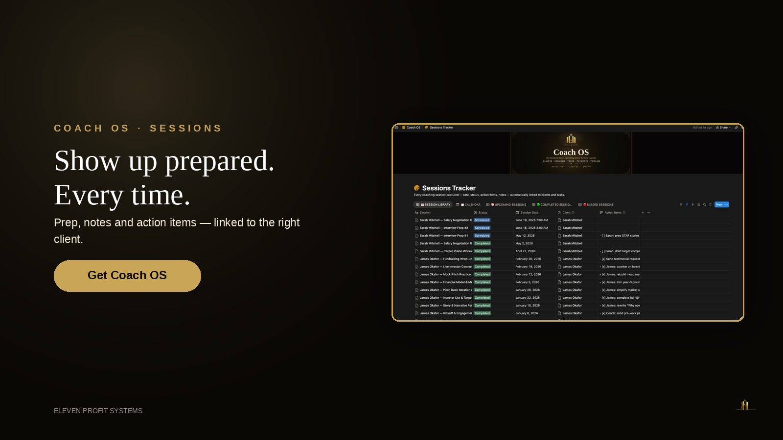 Coach OS Sessions Tracker - prep, notes and action items